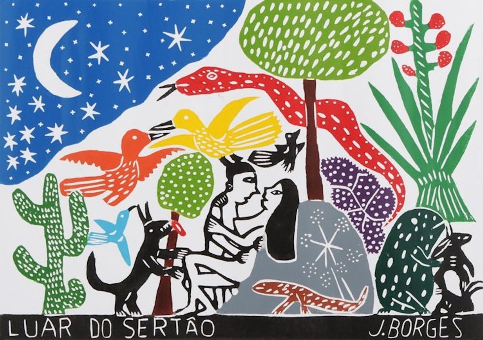 Brazil Eden Landscape Multicolor Woodcut Print by J. Borges 'Moon in the Back-Country'