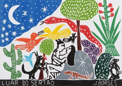 Alternate image for Brazil Eden Landscape Multicolor Woodcut Print by J. Borges Moon in the Back-Country