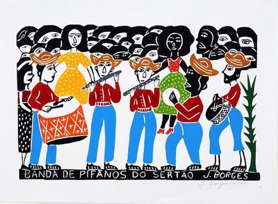 Alternate image for Multicolor Woodcut Print Fife Band Portrait by J. Borges Rural Fife Band III