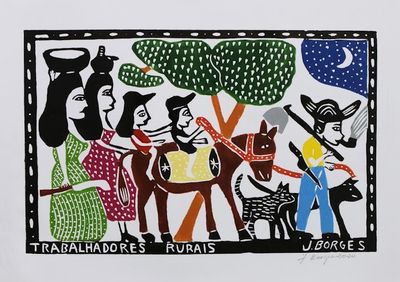 Alternate image for Brazil Farm Workers Color Woodcut Print by J. Borges Agricultural Workers