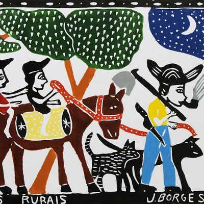 Alternate image for Brazil Farm Workers Color Woodcut Print by J. Borges Agricultural Workers