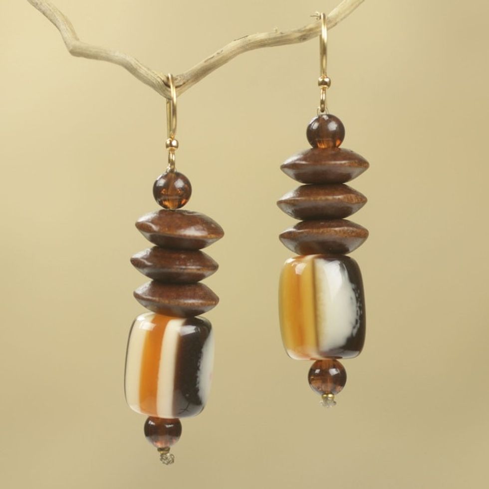 Wood Beaded Dangle Earrings Artisan Crafted Jewelry 'Edinam'