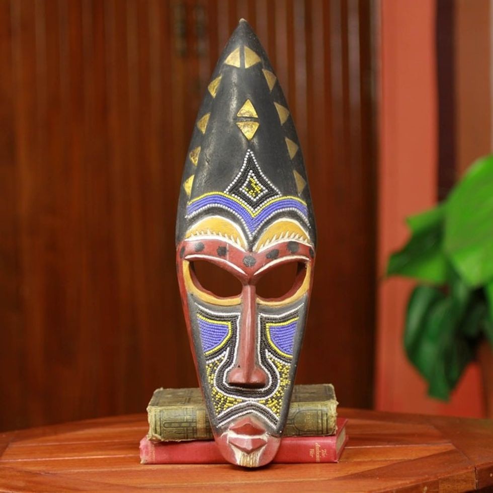 Beaded Hand Carved Authentic African Mask 'Royal Hat'