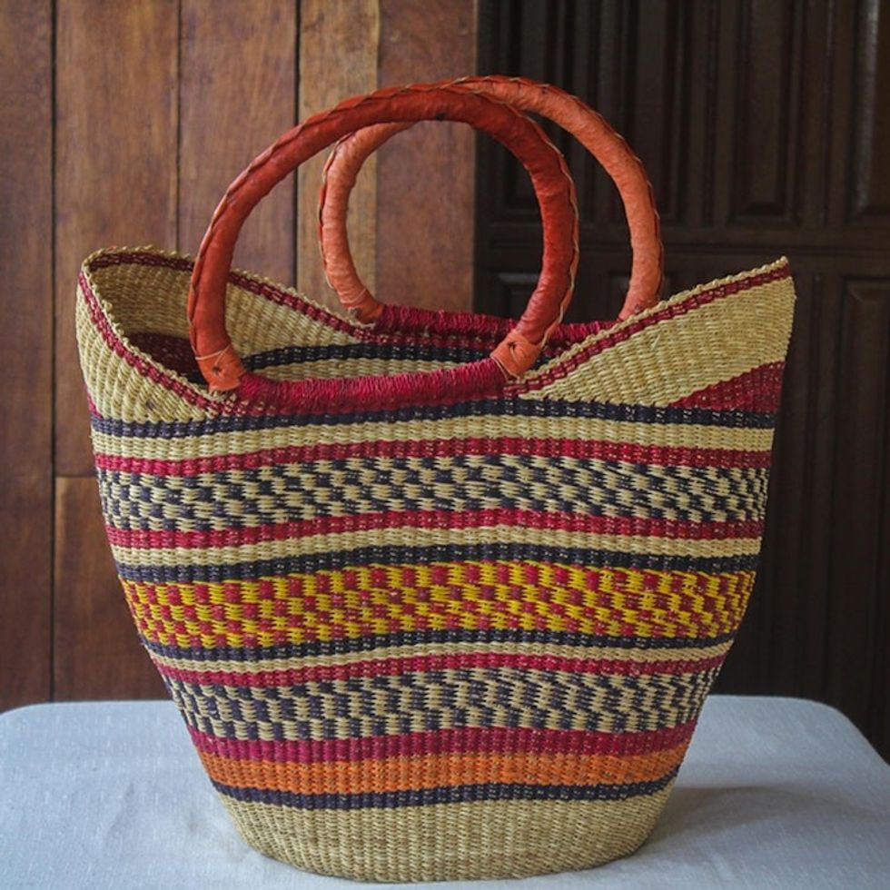 Artisan Crafted Multicolored Raffia Shopping Basket 'Bongani'