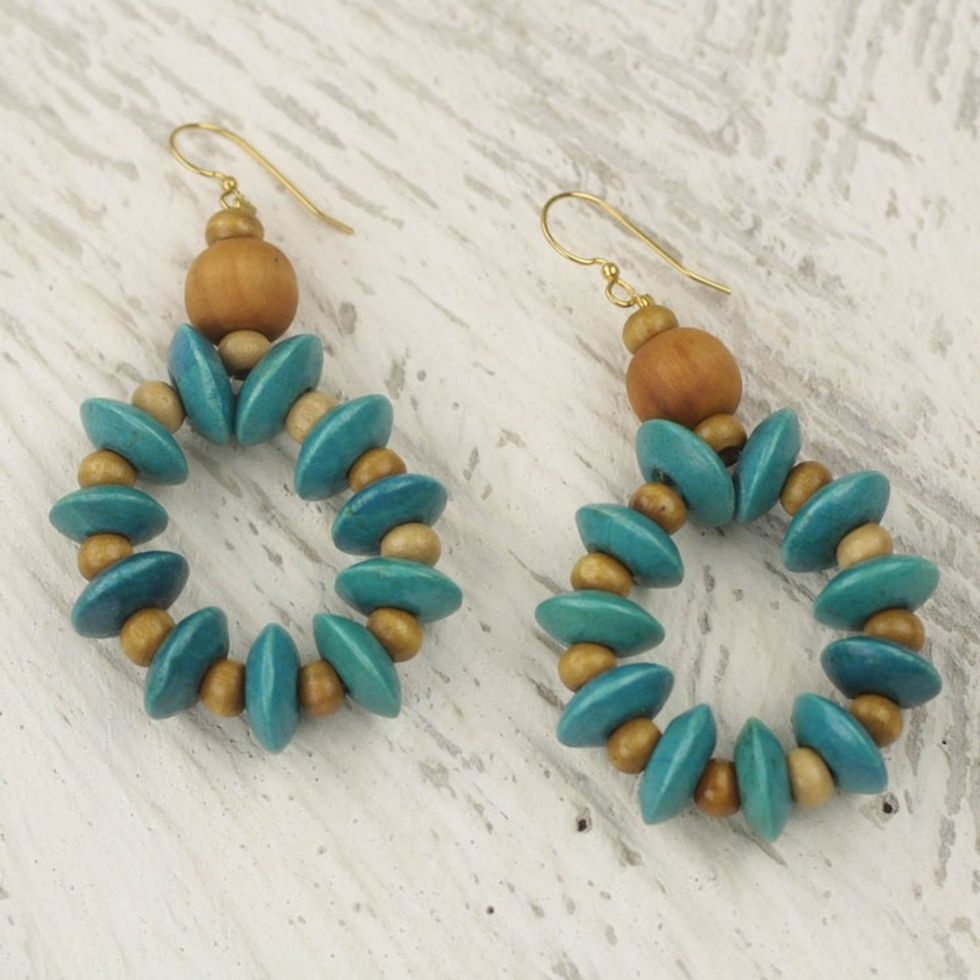Artisan Crafted Beaded Wood Dangle Earrings from Ghana 'Adipa in Turquoise'
