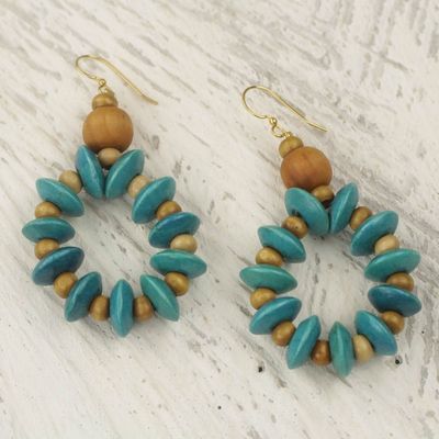Alternate image for Artisan Crafted Beaded Wood Dangle Earrings from Ghana Adipa in Turquoise