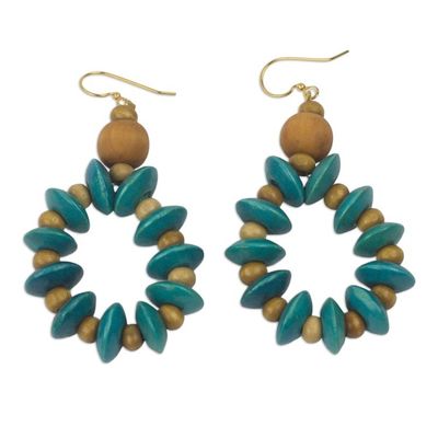 Alternate image for Artisan Crafted Beaded Wood Dangle Earrings from Ghana Adipa in Turquoise