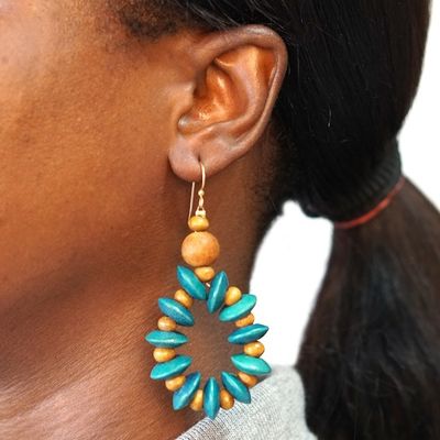 Alternate image for Artisan Crafted Beaded Wood Dangle Earrings from Ghana Adipa in Turquoise