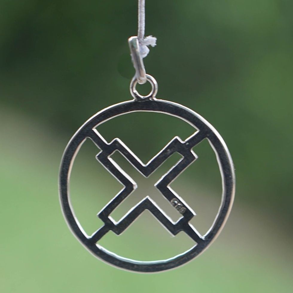 Sterling Silver Round Pendant with Cross Icon from Ghana 'Authority Core'