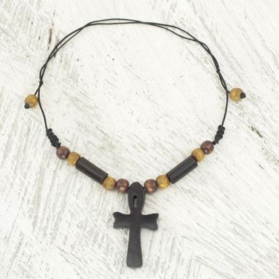 Alternate image for Handcrafted Ankh Necklace in Ebony and Bamboo Ghana African Ankh