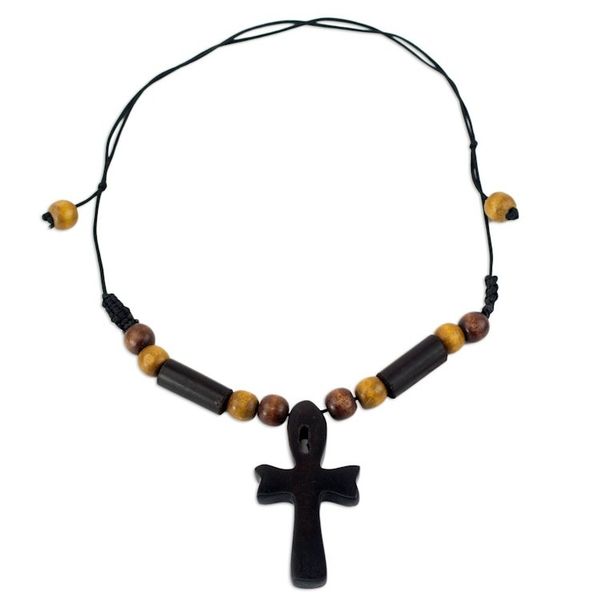 Alternate image for Handcrafted Ankh Necklace in Ebony and Bamboo Ghana African Ankh