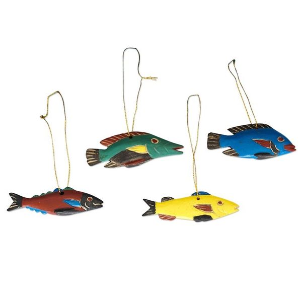 Alternate image for Set of 4 Hand-Painted Colorful Sese Wood Fish Ornaments Little Vibrant Fish