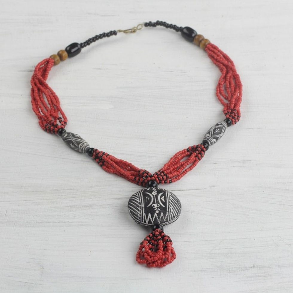 Ceramic and Glass Beaded Pendant Necklace in Red from Ghana 'Terracotta Dream'
