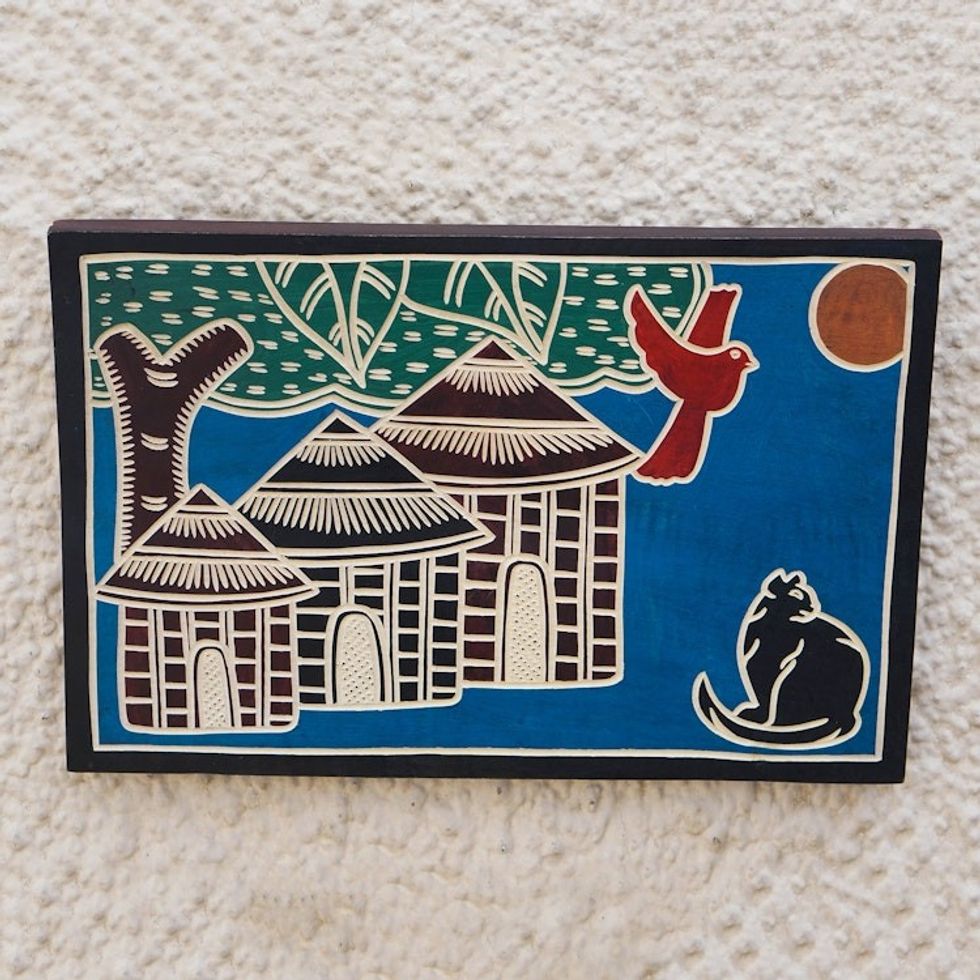 Painted Hand-Carved Sese Wood Wall Art in Blue Base Hue 'Blue Cottage'