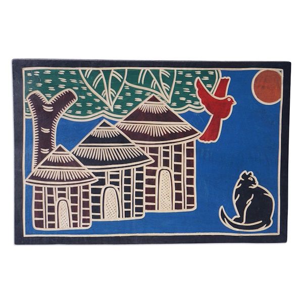 Alternate image for Painted Hand-Carved Sese Wood Wall Art in Blue Base Hue Blue Cottage