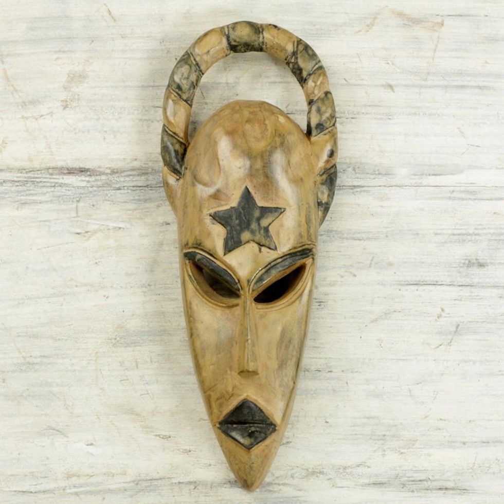 Rustic Hand Carved Sese Wood African Mask 'Rising Star'