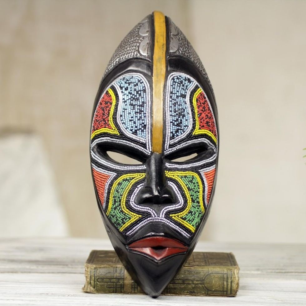 West African Wood Beaded Wall Mask from Ghana 'Zulu Homage'