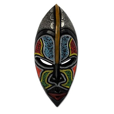 Alternate image for West African Wood Beaded Wall Mask from Ghana Zulu Homage