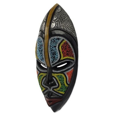 Alternate image for West African Wood Beaded Wall Mask from Ghana Zulu Homage