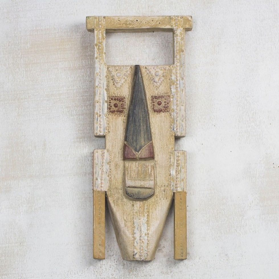 Rustic African Wood Mask in Beige from Ghana 'Anuonyam'