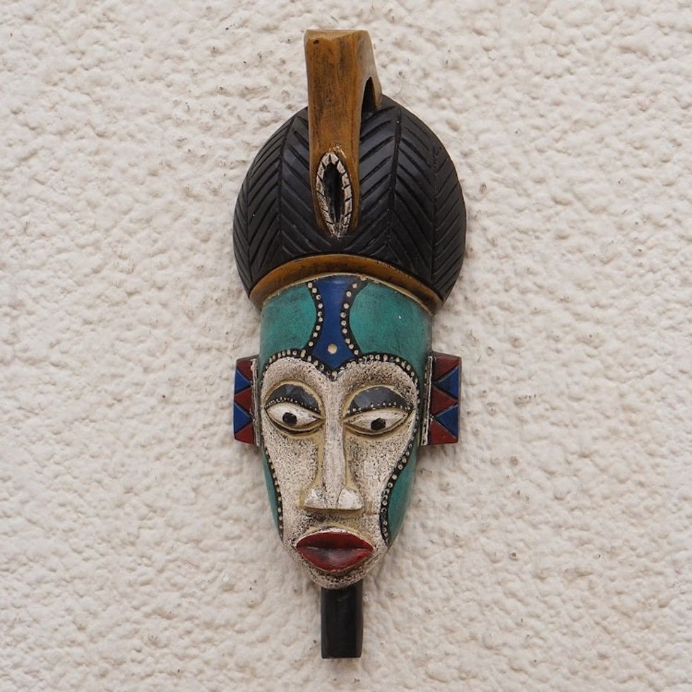 Handmade African Wood Mask in Blue from Ghana 'Benevolent Emiyi'