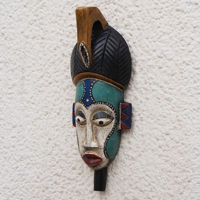 Alternate image for Handmade African Wood Mask in Blue from Ghana Benevolent Emiyi