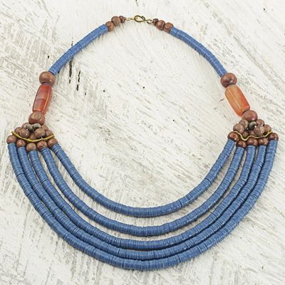 Alternate image for Artisan Blue Bead Necklace with Sese Wood Agate and Leather Wend Panga in Blue