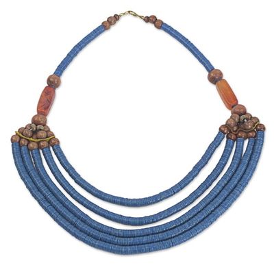 Alternate image for Artisan Blue Bead Necklace with Sese Wood Agate and Leather Wend Panga in Blue