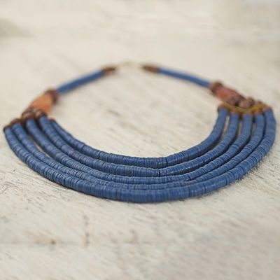 Alternate image for Artisan Blue Bead Necklace with Sese Wood Agate and Leather Wend Panga in Blue