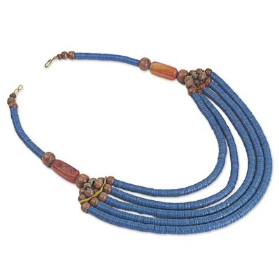 Alternate image for Artisan Blue Bead Necklace with Sese Wood Agate and Leather Wend Panga in Blue