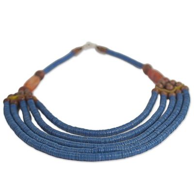 Alternate image for Artisan Blue Bead Necklace with Sese Wood Agate and Leather Wend Panga in Blue