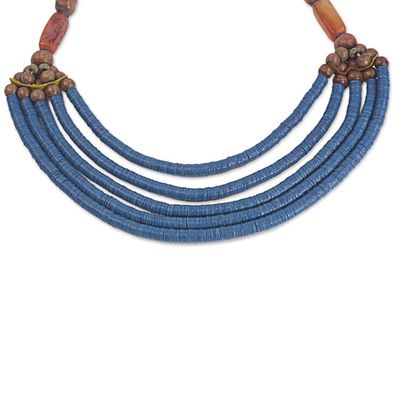 Alternate image for Artisan Blue Bead Necklace with Sese Wood Agate and Leather Wend Panga in Blue