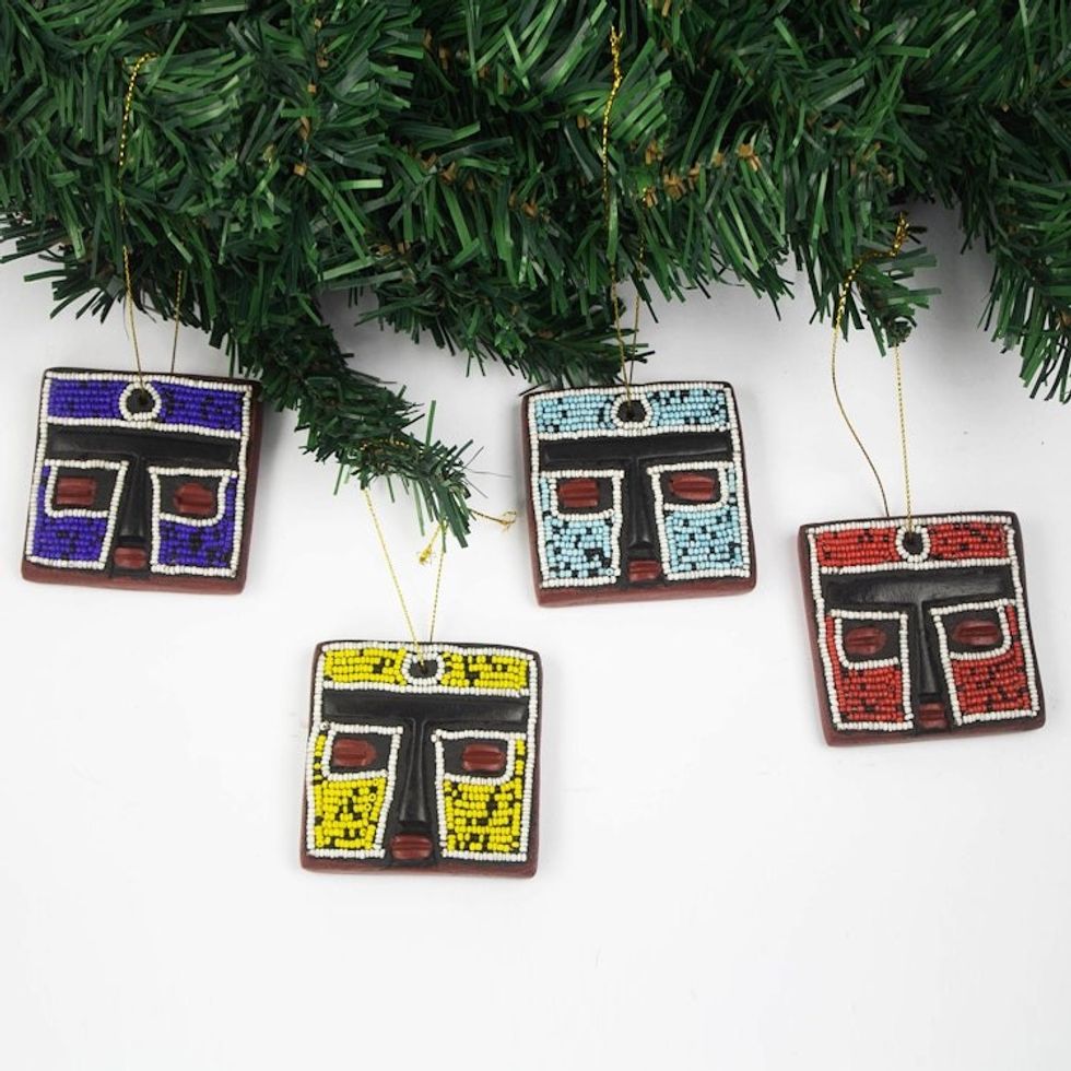 Handmade Sese Wood Holiday Ornaments Set of 4 'Fante Head'