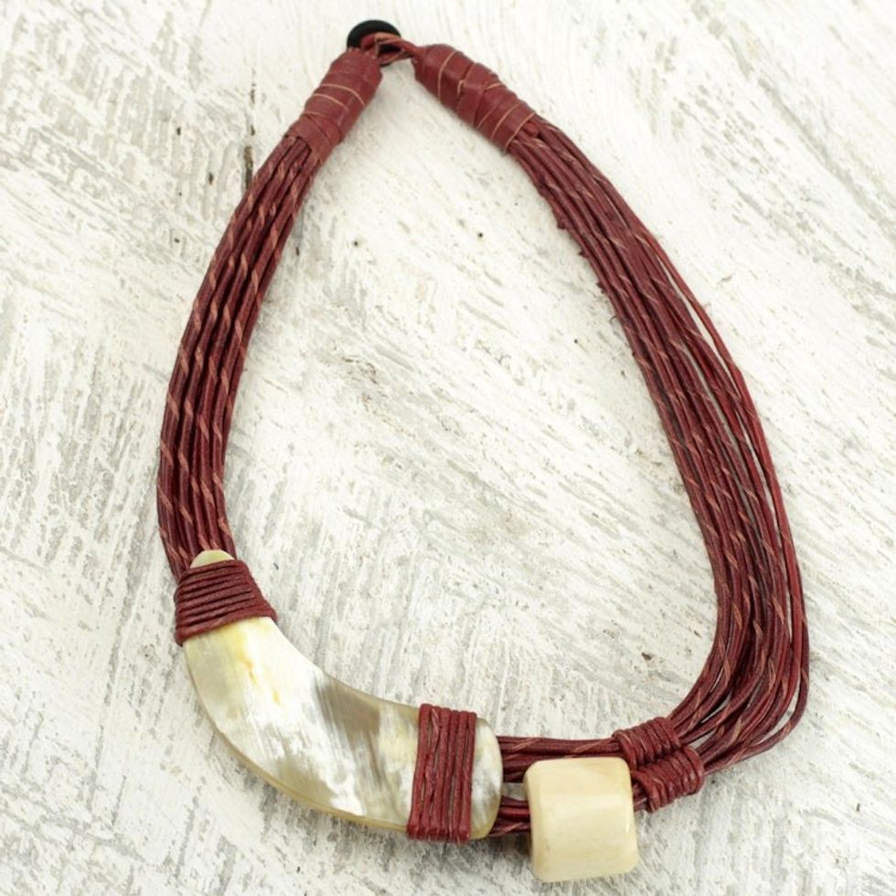 Handmade Red Leather Necklace with Horn and Bone Pendants 'Sougri Paprika'