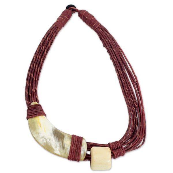 Alternate image for Handmade Red Leather Necklace with Horn and Bone Pendants Sougri Paprika
