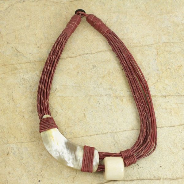 Alternate image for Handmade Red Leather Necklace with Horn and Bone Pendants Sougri Paprika