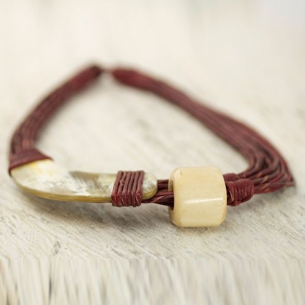 Alternate image for Handmade Red Leather Necklace with Horn and Bone Pendants Sougri Paprika