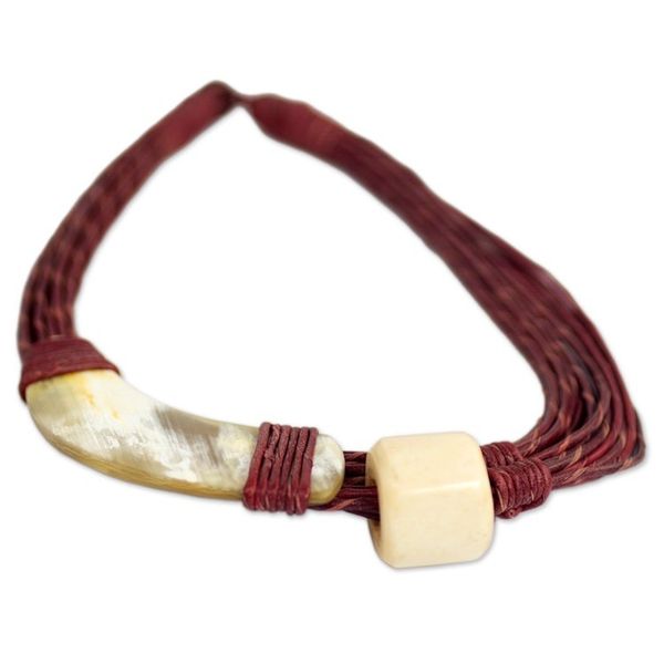 Alternate image for Handmade Red Leather Necklace with Horn and Bone Pendants Sougri Paprika