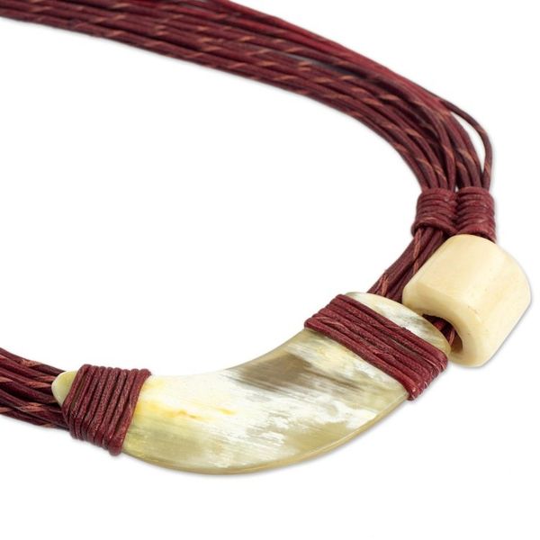 Alternate image for Handmade Red Leather Necklace with Horn and Bone Pendants Sougri Paprika