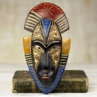 Alternate image for Hand Crafted Ghanaian Sese Wood Wall Mask with Brass Accents Opeyemi