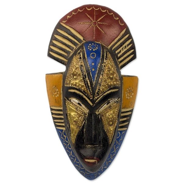 Alternate image for Hand Crafted Ghanaian Sese Wood Wall Mask with Brass Accents Opeyemi