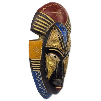 Alternate image for Hand Crafted Ghanaian Sese Wood Wall Mask with Brass Accents Opeyemi
