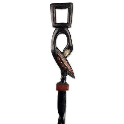 Alternate image for Hand Carved Wood Walking Stick Featuring Bird Motif Handle Tracing Roots