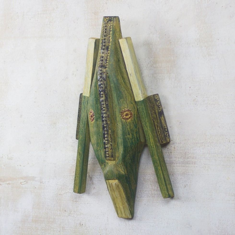 Handcrafted African Wood Mask of a Green Goat from Ghana 'Green Goat'