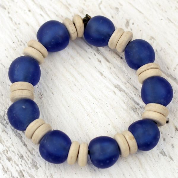 Alternate image for Blue Beaded Stretch Bracelet with Recycled Glass and Wood Accra Blue