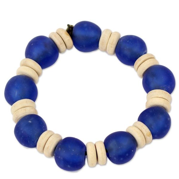 Alternate image for Blue Beaded Stretch Bracelet with Recycled Glass and Wood Accra Blue