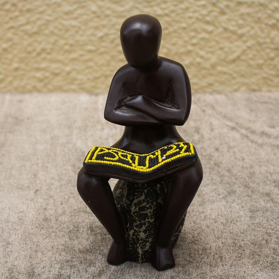Handmade Sese Wood and Glass Bead Sculpture 'Reading Scripture'