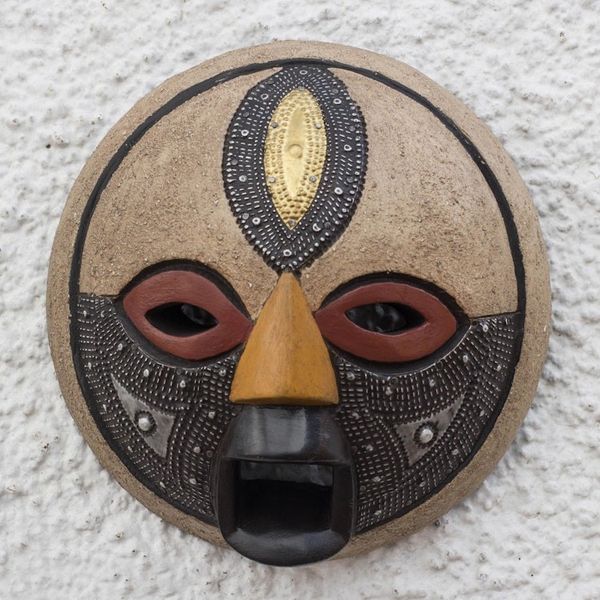Alternate image for Round African Wood Mask with Brass and Aluminum Accents Third Eye