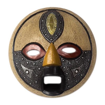 Alternate image for Round African Wood Mask with Brass and Aluminum Accents Third Eye
