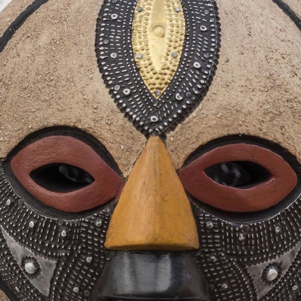Alternate image for Round African Wood Mask with Brass and Aluminum Accents Third Eye